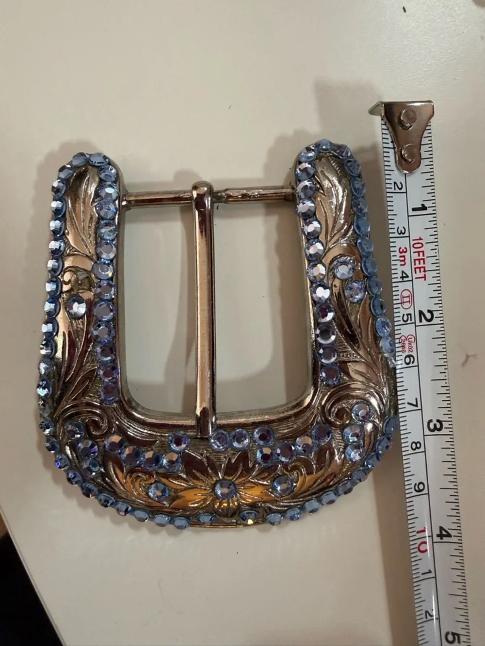 B.B. Simon Blue crystal Etched Silver Metal Oversized Western Belt Buckle